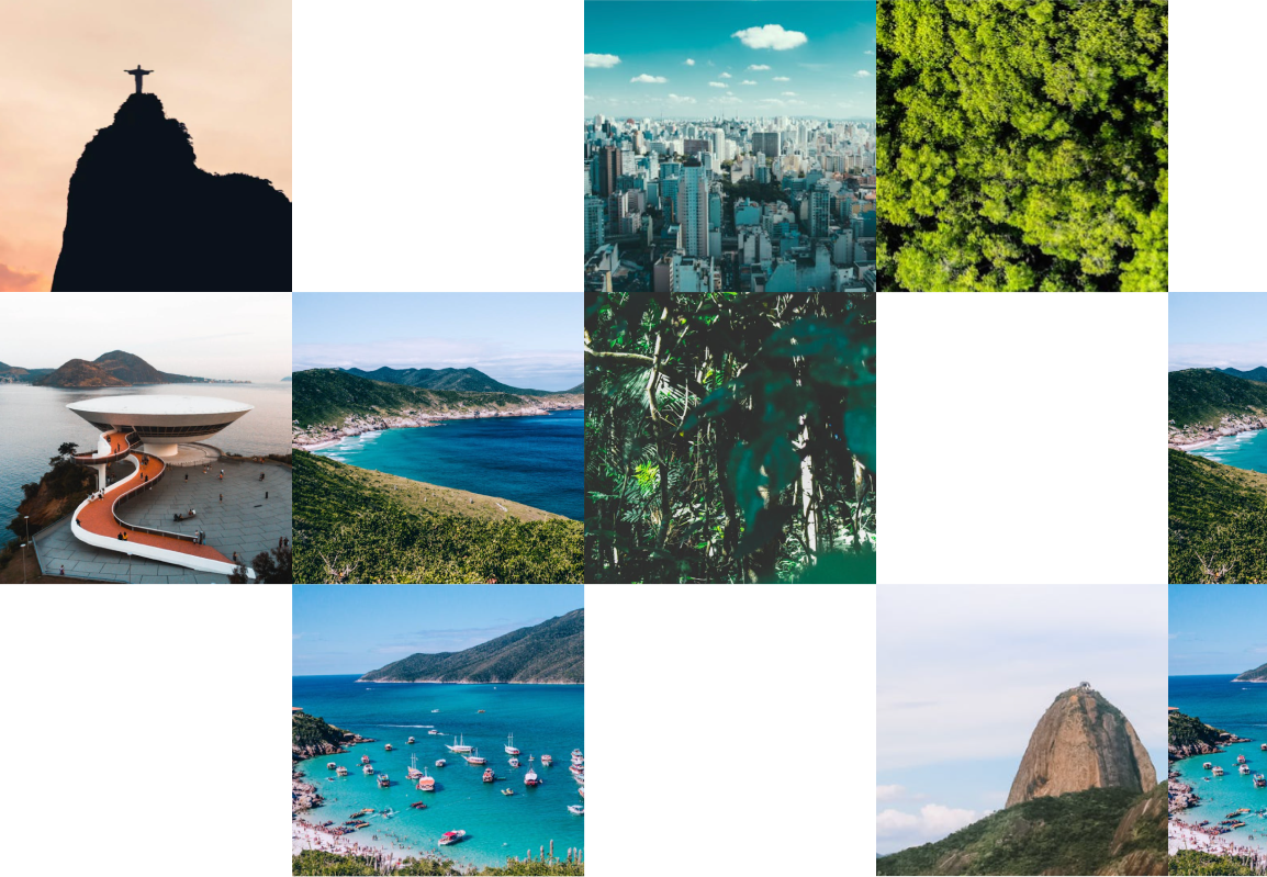 Mosaic of Brazilian landmarks including Christ the Redeemer, São Paulo skyline, Amazon forest, and coastal landscapes